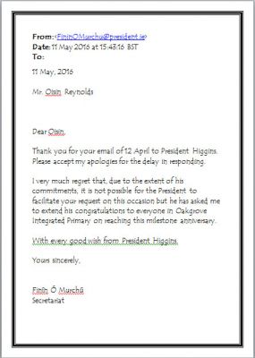 Oisin's email from President Higgins