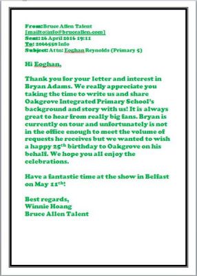 Eoghan's email from Bryan Adam's Agent