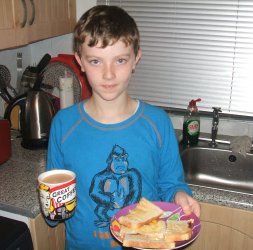 Odhran makes tea and toast